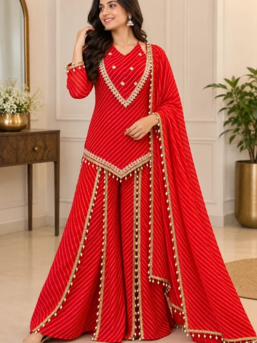 Ruhani Red Leheriya Palazzo Set with Dupatta