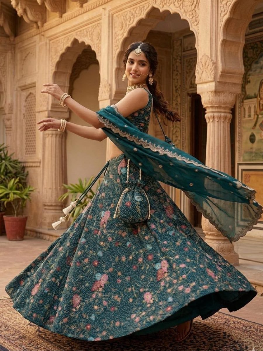 Teal Green Floral Embroidered Designer Lehenga Choli with Dupatta