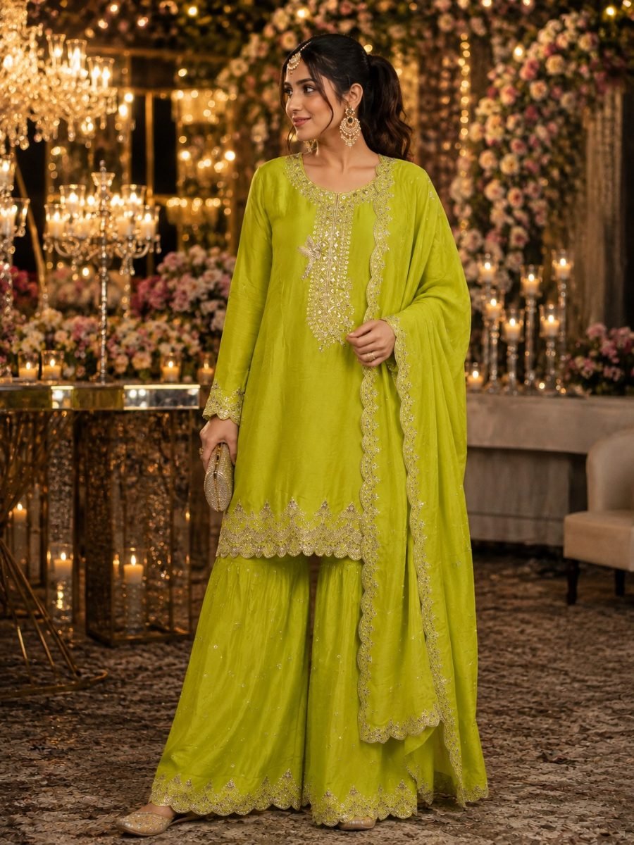 Lime Luxe Embroidered Sharara Suit Set