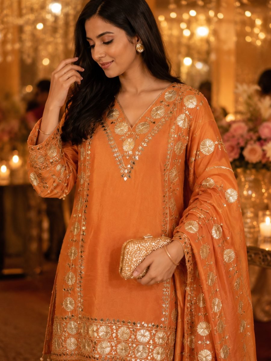 Premium Gota Mirror Crepe Tissue Suit - Rust