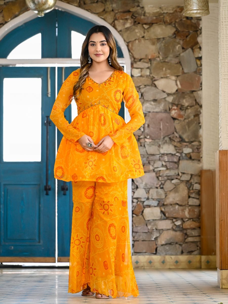 Yellow Bandhani Sharara Suit Set with Dupatta