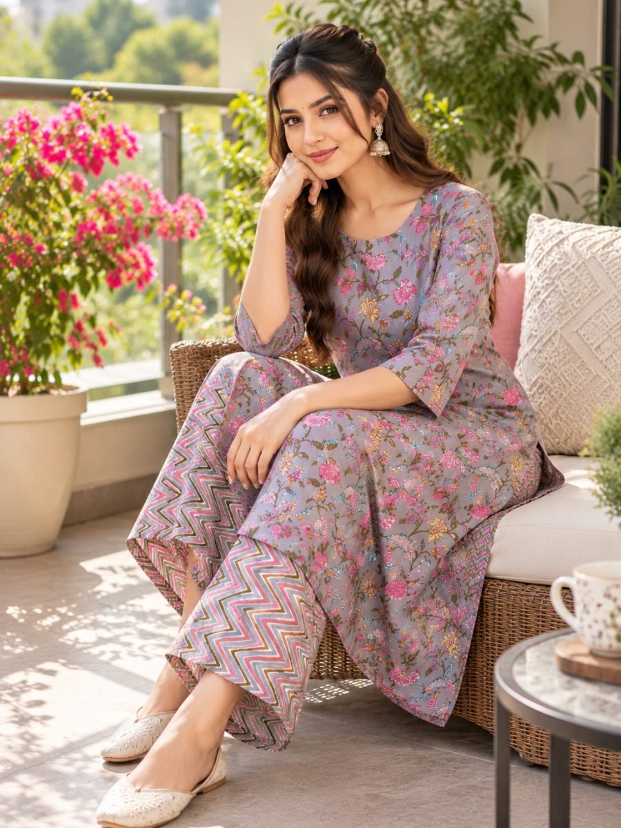 Gulisha Grey Floral Printed Kurta & Chevron Pant Set