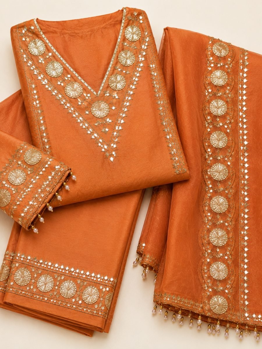 Premium Gota Mirror Crepe Tissue Suit - Rust
