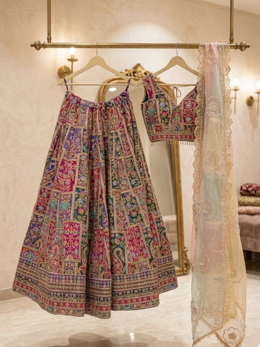 Premium Multicolor Embroidered Bridal Lehenga Choli with Organza Dupatta