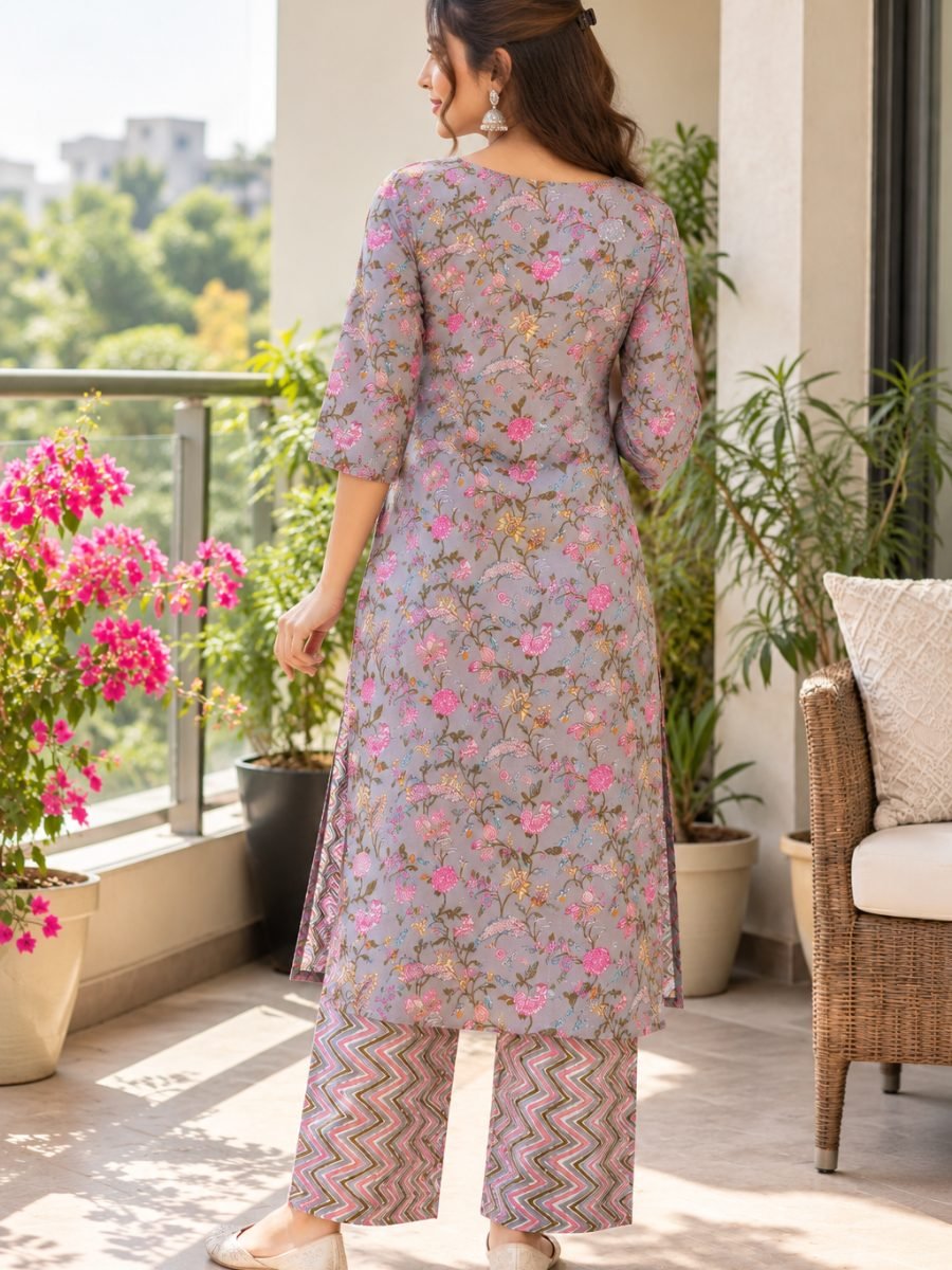Gulisha Grey Floral Printed Kurta & Chevron Pant Set