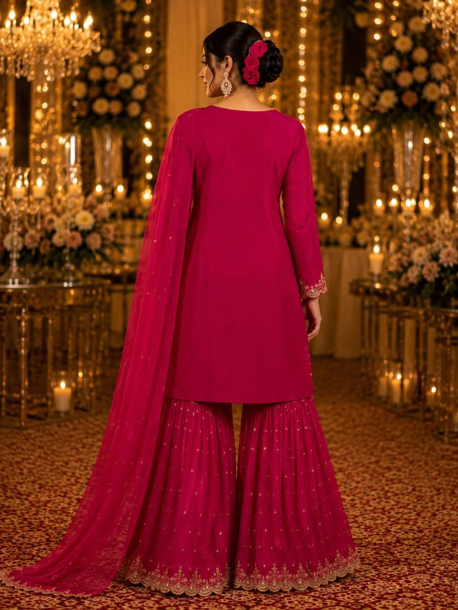 Rani Royale Chinnon Silk Embroidered Sharara Set