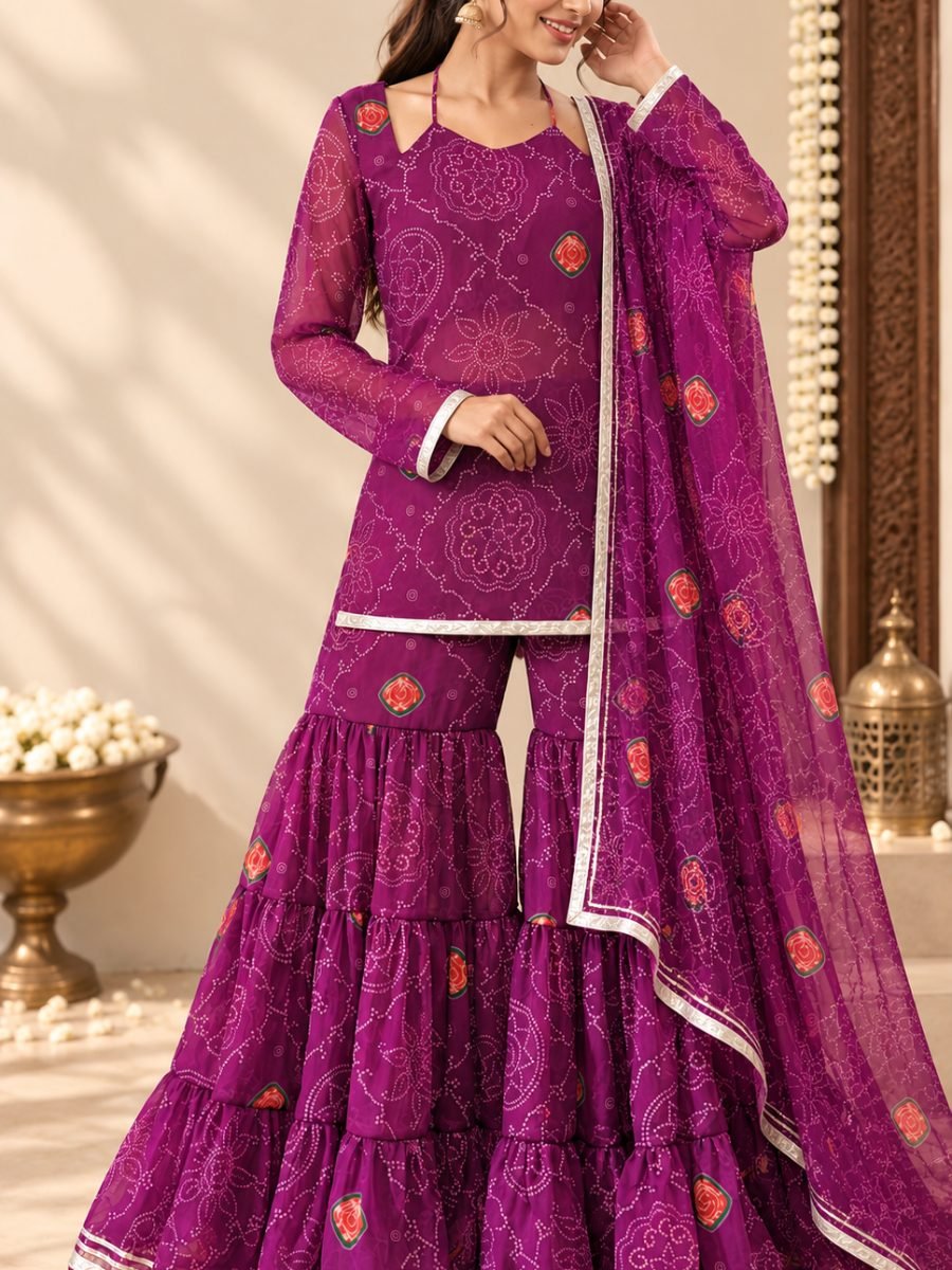 Noorvi Purple Bandhani Sharara Set with Dupatta