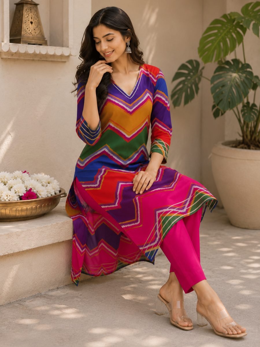Multicolor Lehriya Printed Straight Kurta with Pant