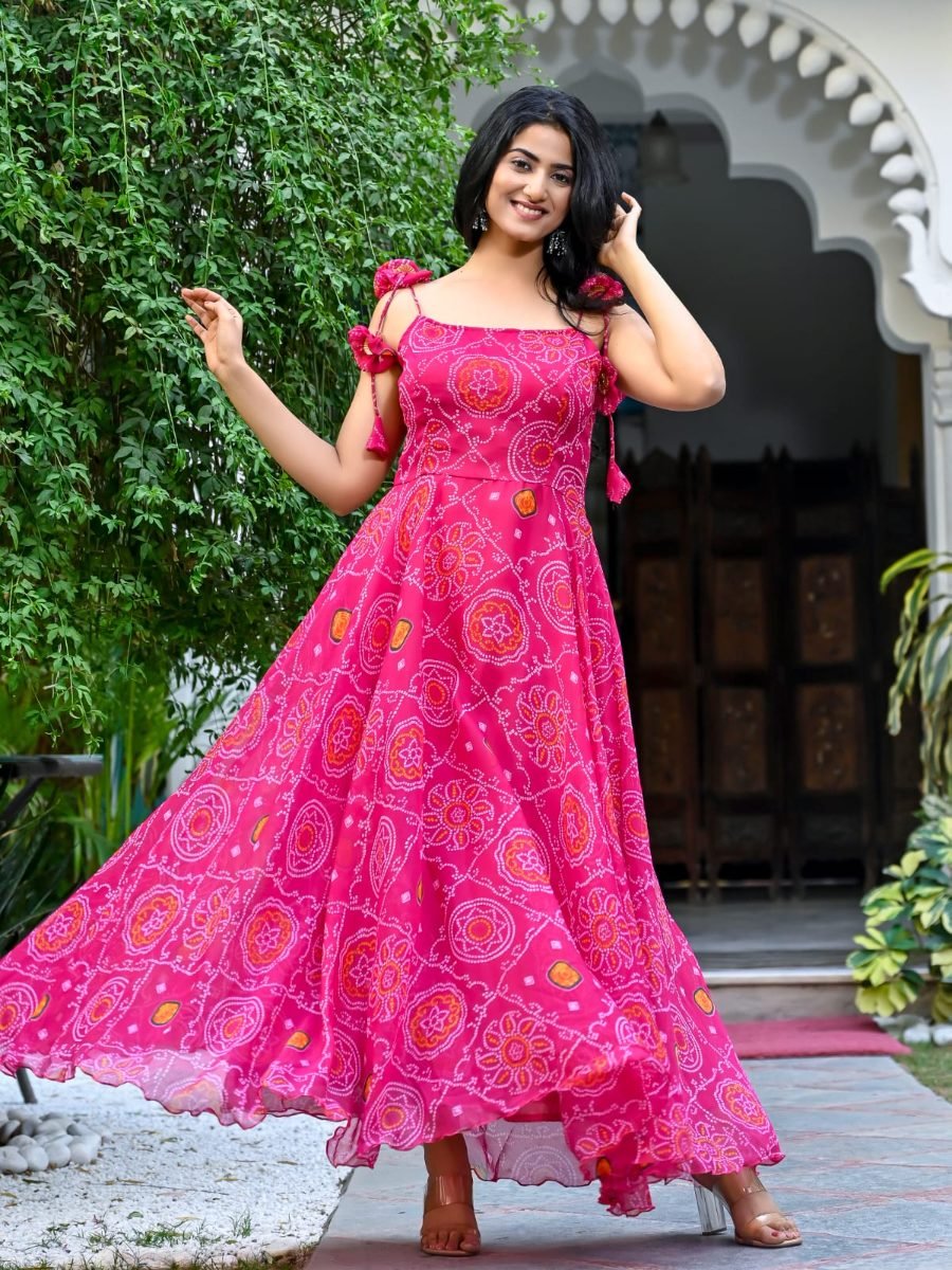 Pink Bandhani Flare Dress