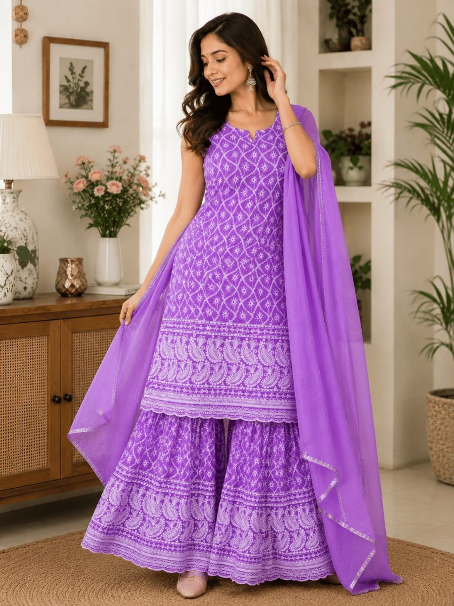Lavender Printed Sharara Suit Set with Chiffon Dupatta