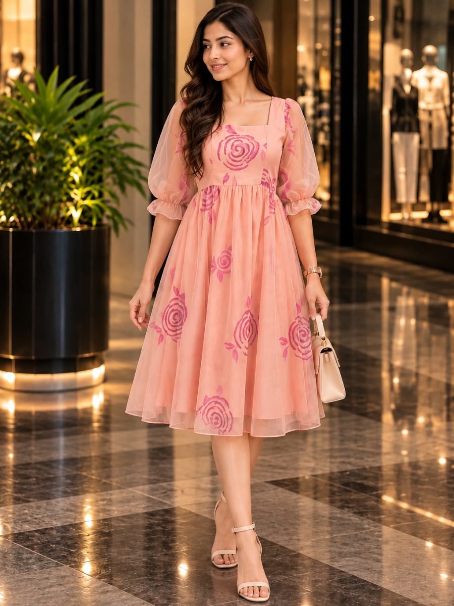 Peach Pink Floral Chiffon Square Neck Midi Dress