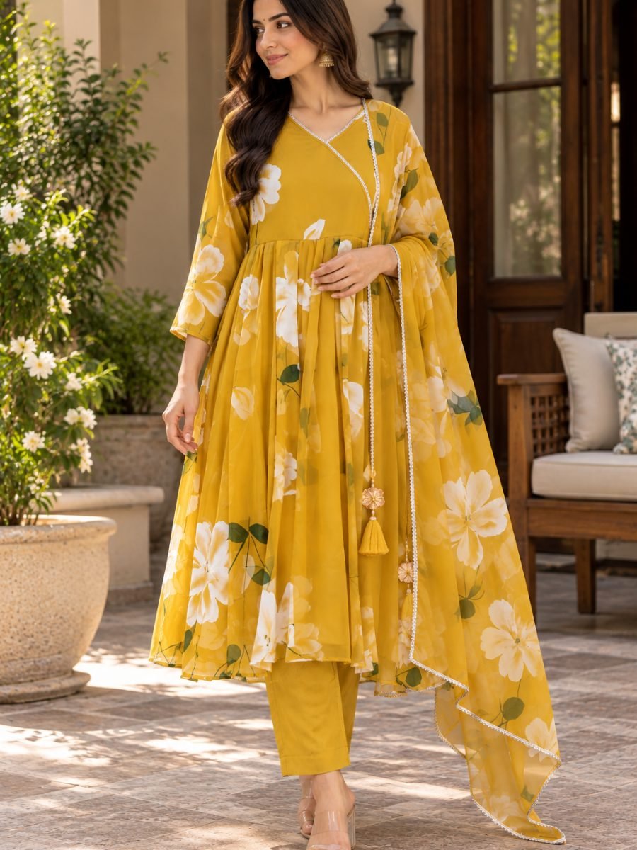 Sunlit Mustard Floral Anarkali 3-Piece Set