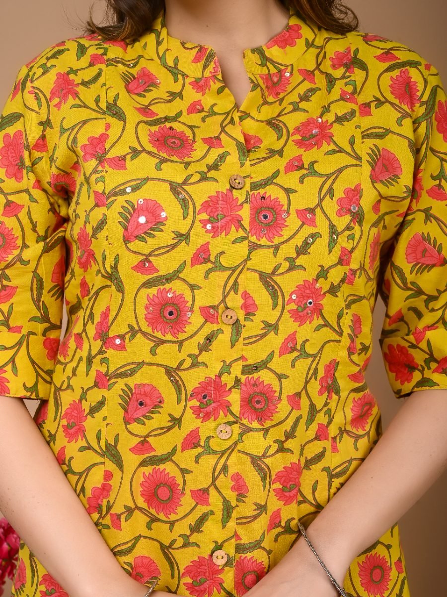 Yellow Flower Kurta Pant Set