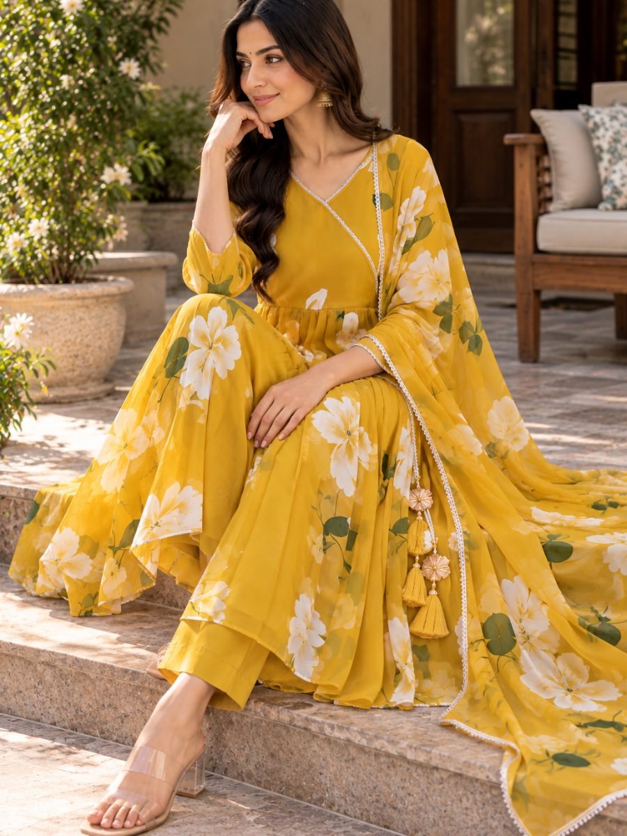 Sunlit Mustard Floral Anarkali 3-Piece Set