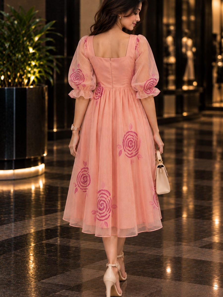 Peach Pink Floral Chiffon Square Neck Midi Dress