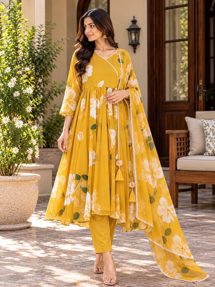 Sunlit Mustard Floral Anarkali 3-Piece Set