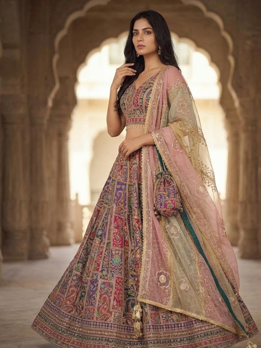 Premium Multicolor Embroidered Bridal Lehenga Choli with Organza Dupatta