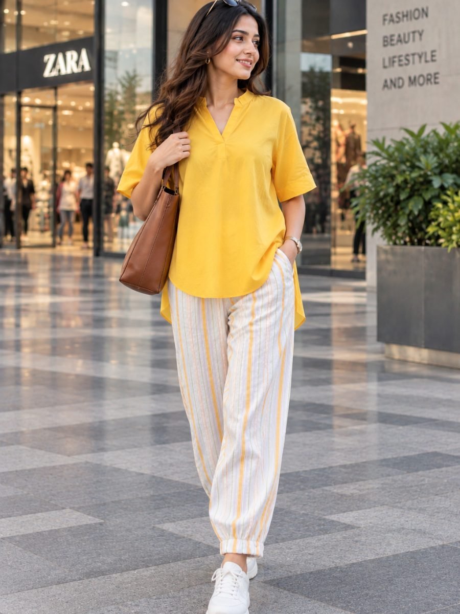 High-Low Cotton Kurta & Striped Pant Co-ord Set