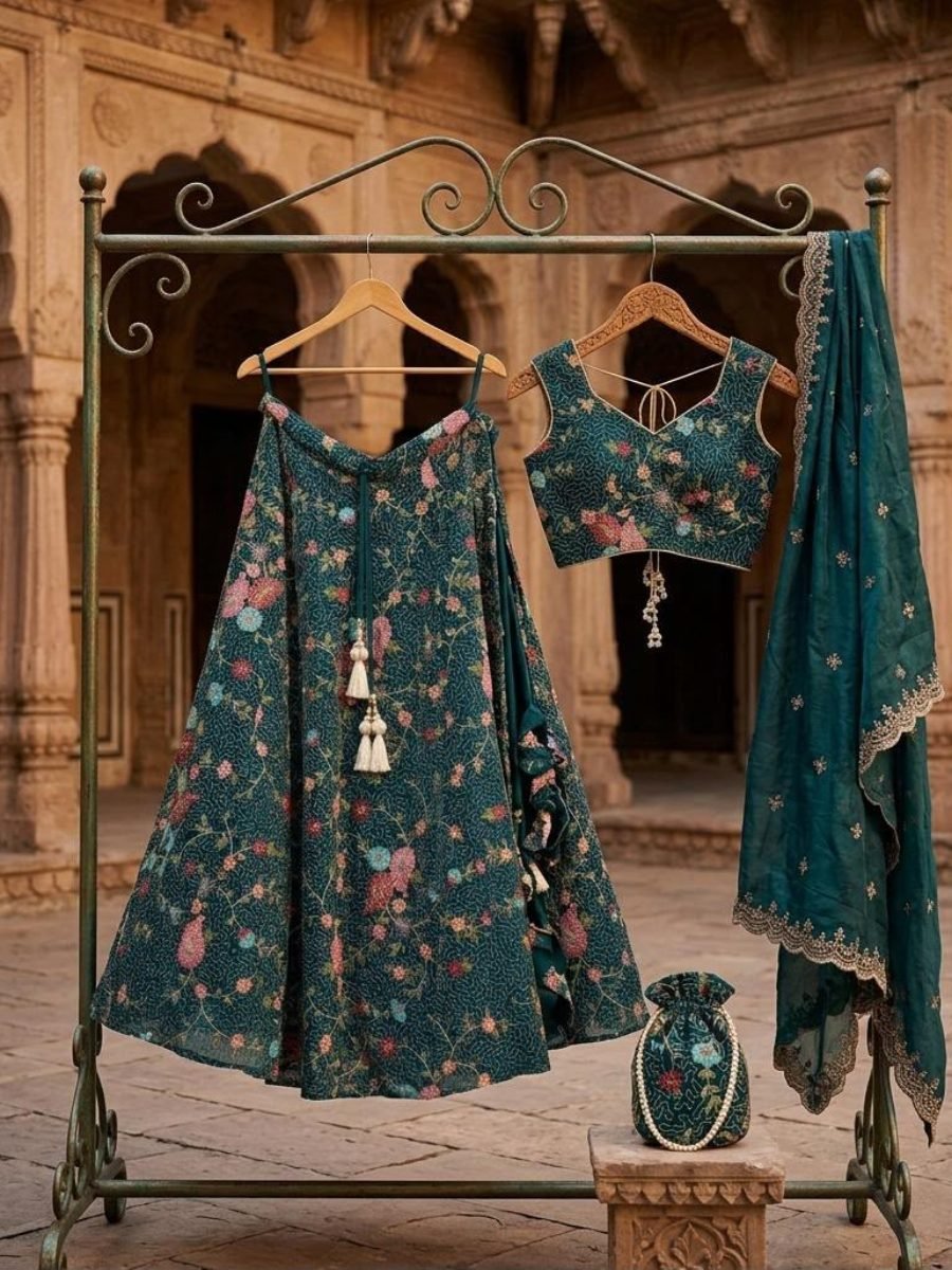 Teal Green Floral Embroidered Designer Lehenga Choli with Dupatta