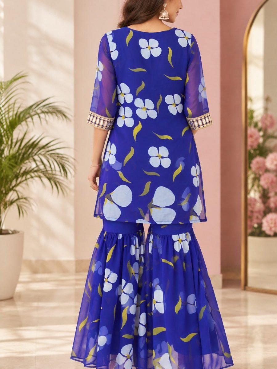Royal Blue Floral Chiffon Kurta with Sharara Set