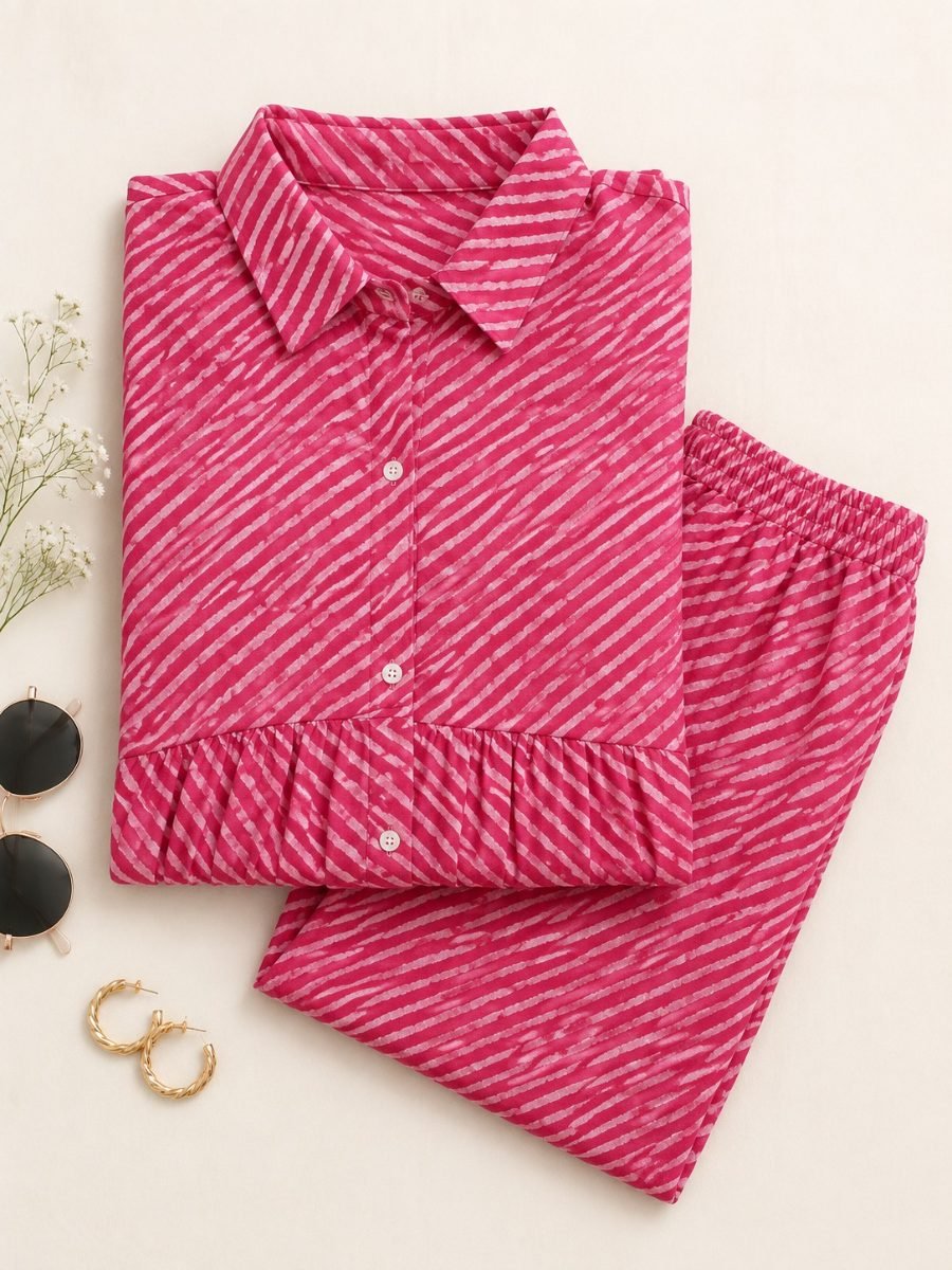 Pure Cotton Lehriya Co-Ord Set for Women - Pink