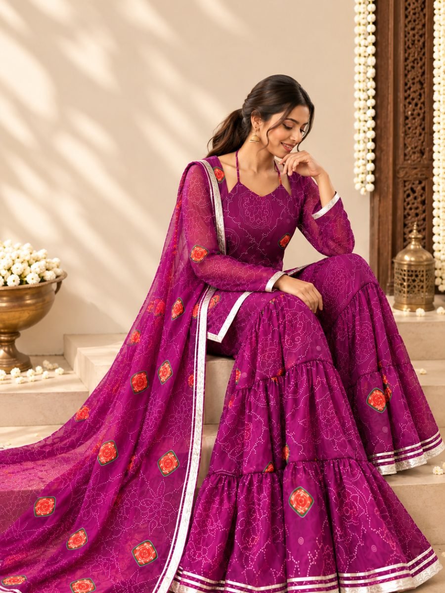 Noorvi Purple Bandhani Sharara Set with Dupatta