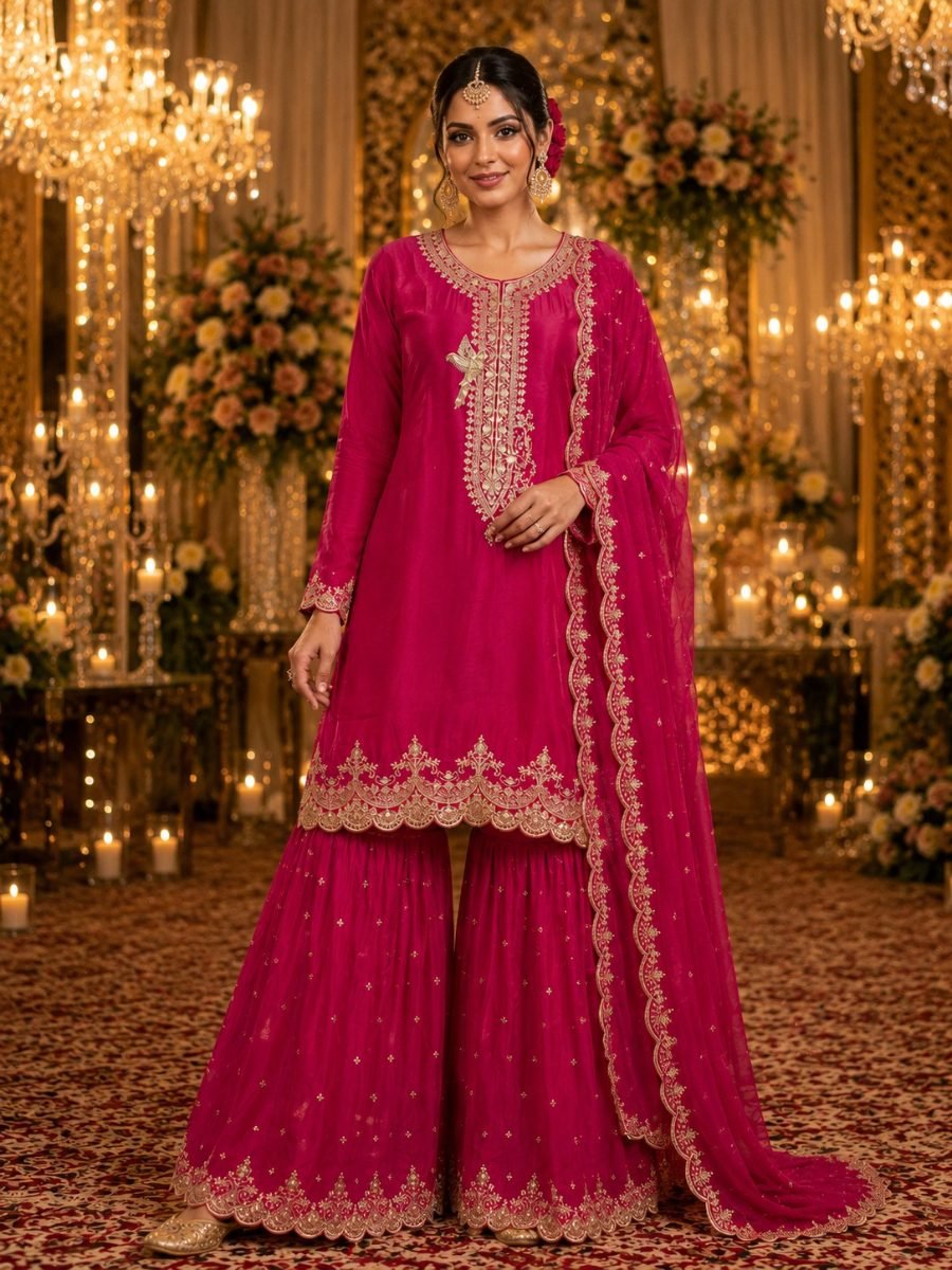 Rani Royale Chinnon Silk Embroidered Sharara Set