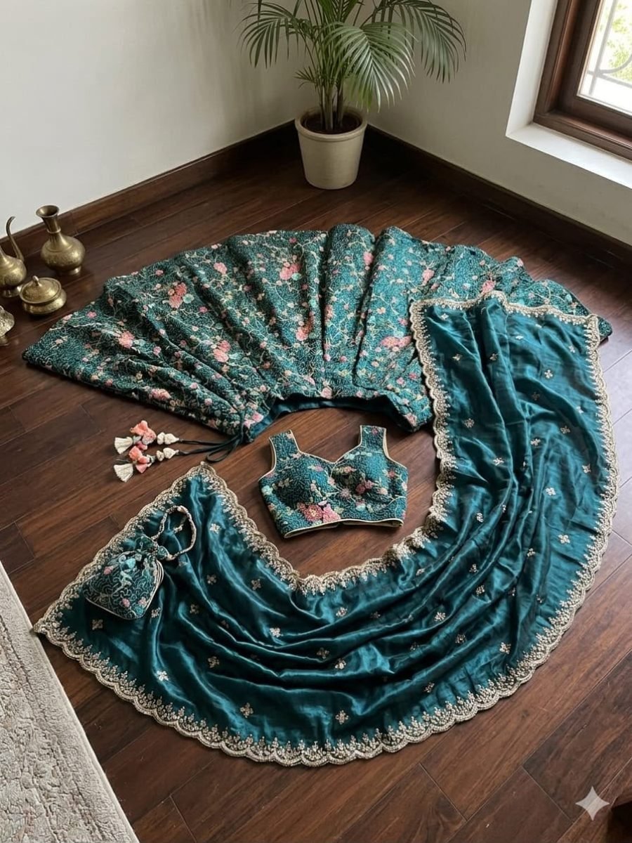 Teal Green Floral Embroidered Designer Lehenga Choli with Dupatta