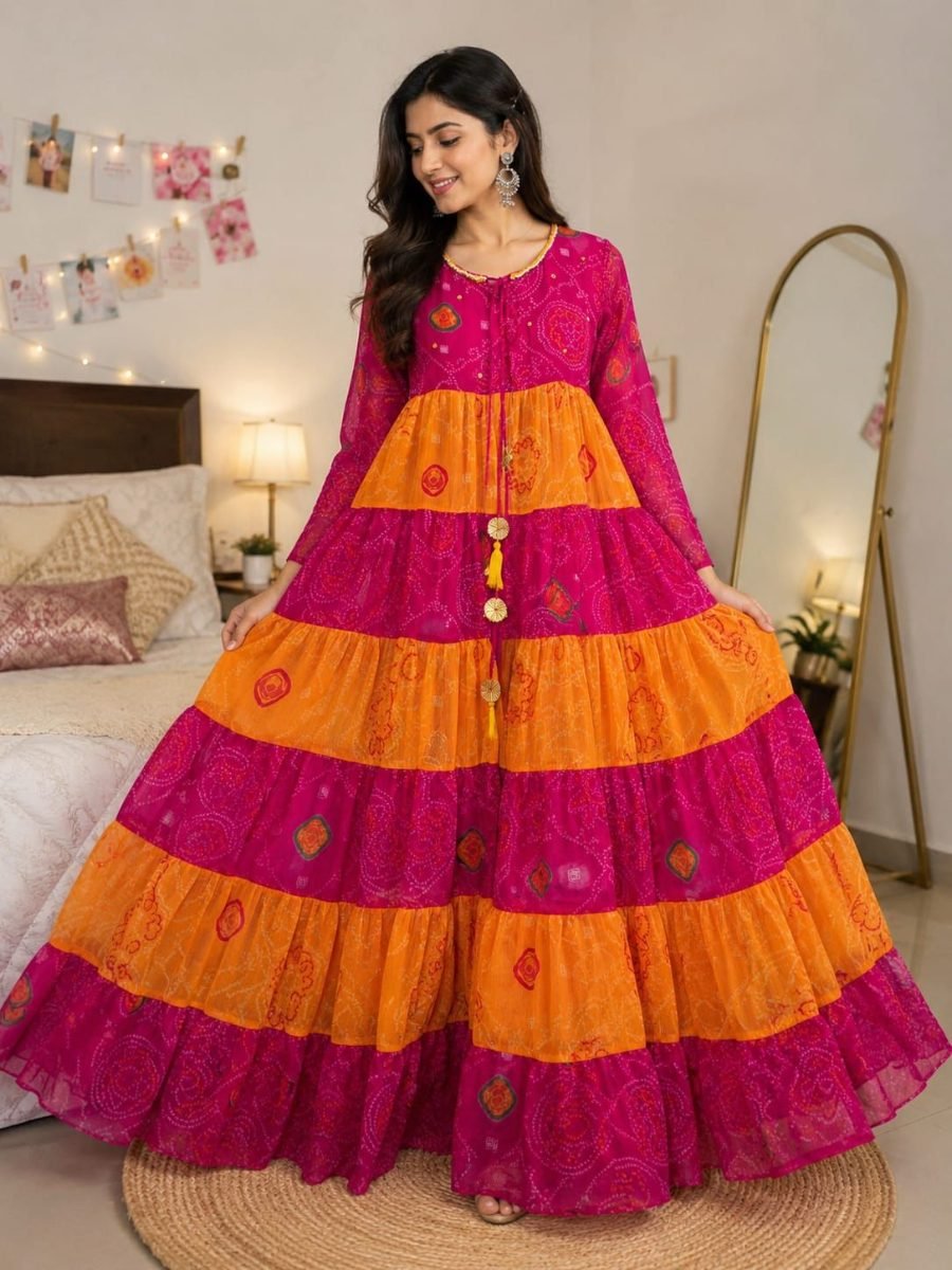 Pure Chiffon Tiered Bandhej Gown with Hand work