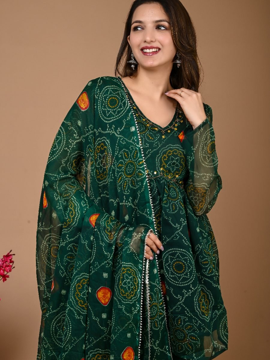 Green Bandhani Sharara Suit Set with Dupatta