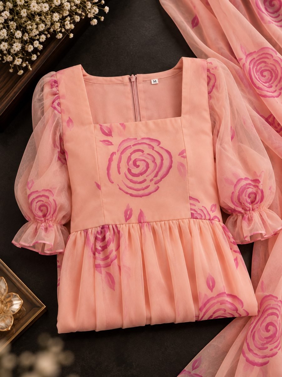 Peach Pink Floral Chiffon Square Neck Midi Dress