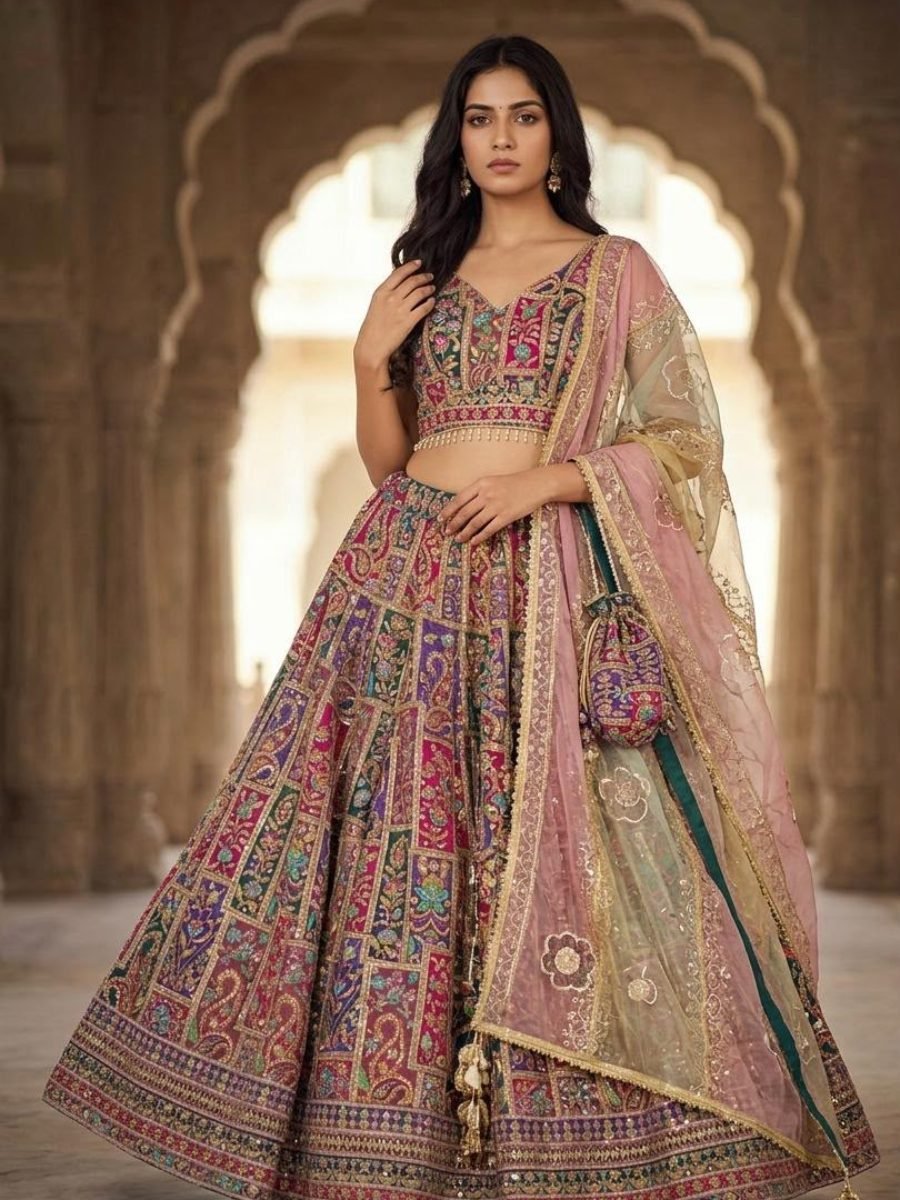 Premium Multicolor Embroidered Bridal Lehenga Choli with Organza Dupatta