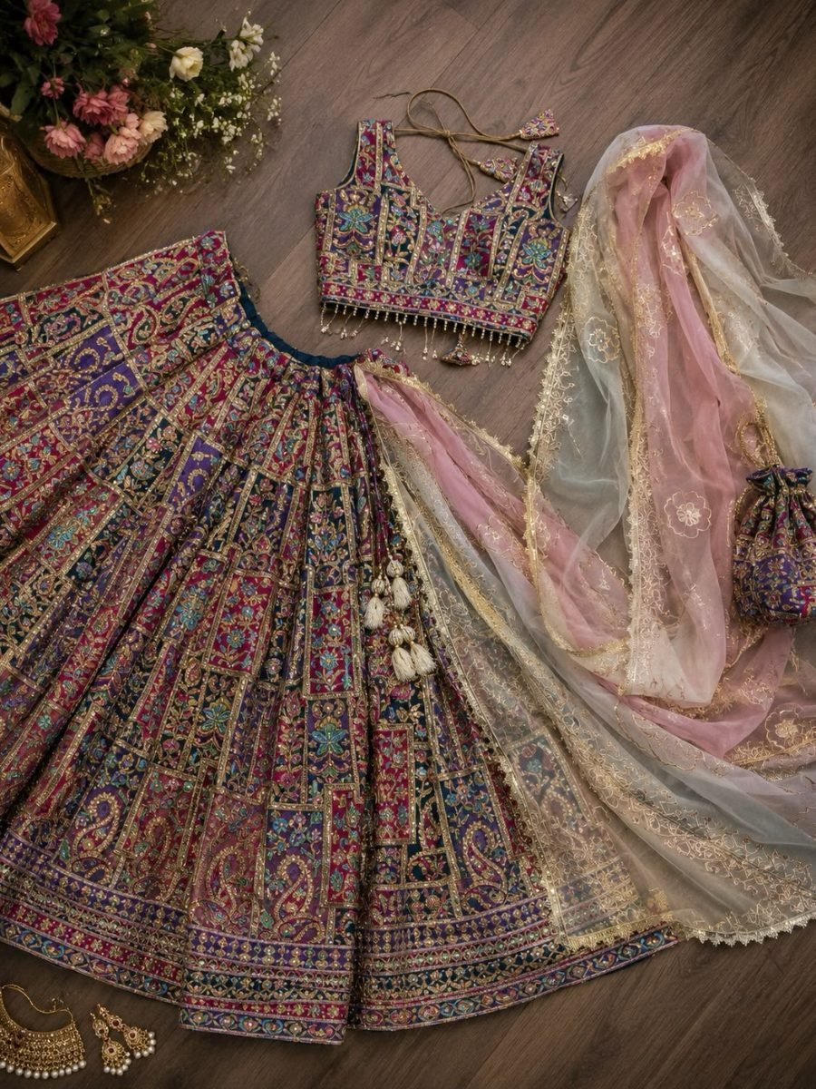 Premium Multicolor Embroidered Bridal Lehenga Choli with Organza Dupatta