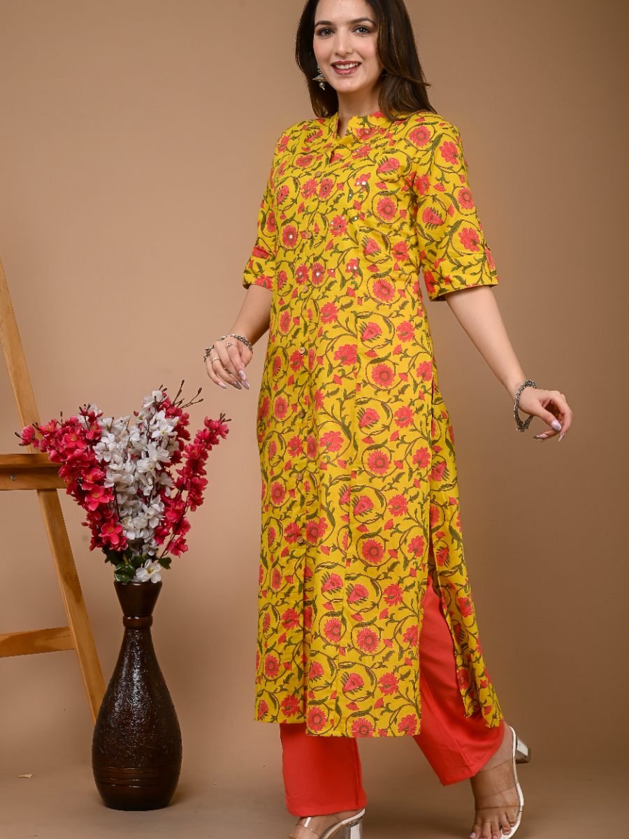 Yellow Flower Kurta Pant Set