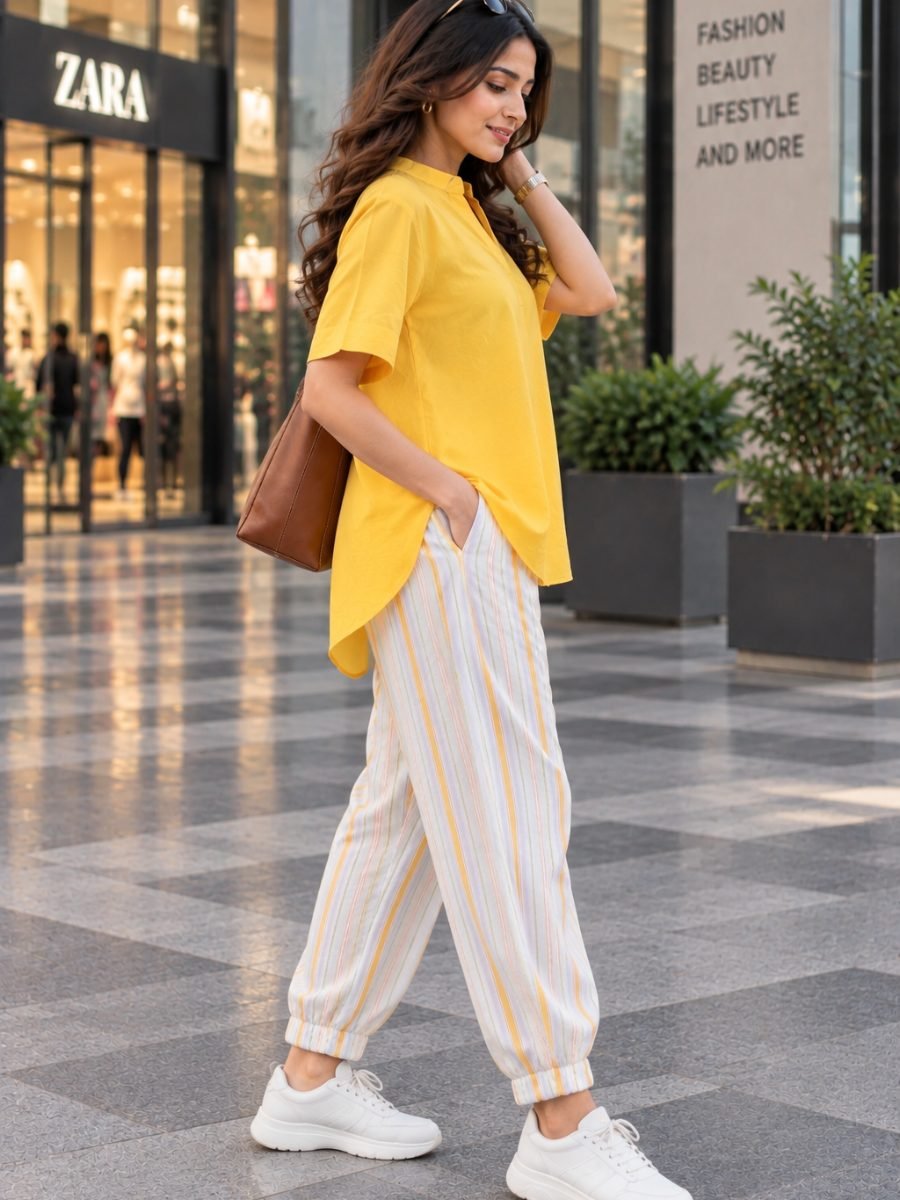 High-Low Cotton Kurta & Striped Pant Co-ord Set