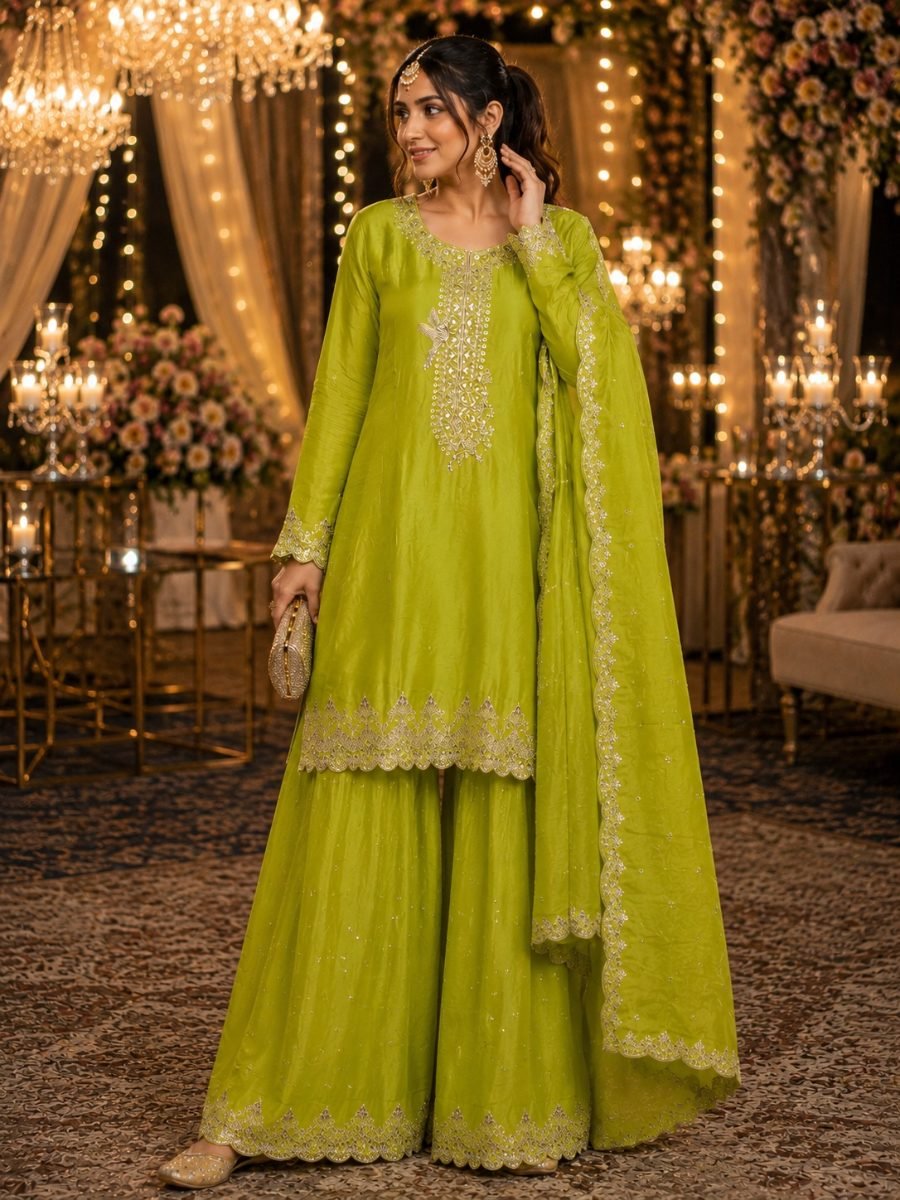 Lime Luxe Embroidered Sharara Suit Set