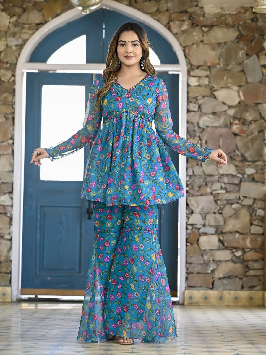 Turquoise Floral Sharara Suit Set with Dupatta