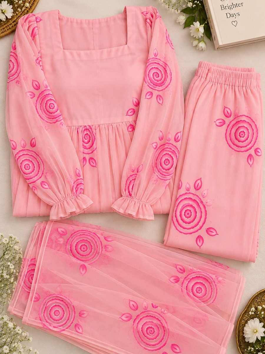 Peach Pink Hand-Painted Chiffon Top, Palazzo & Dupatta Set