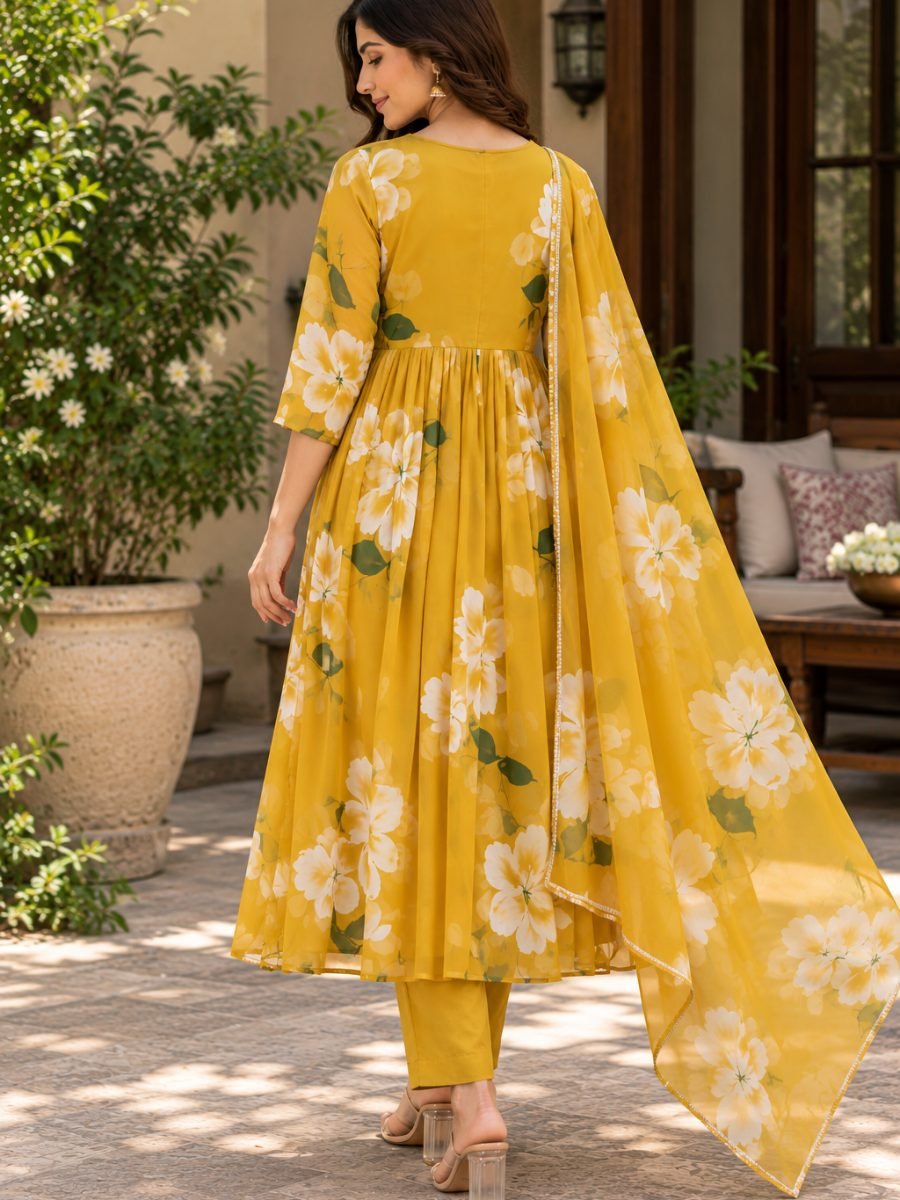 Sunlit Mustard Floral Anarkali 3-Piece Set