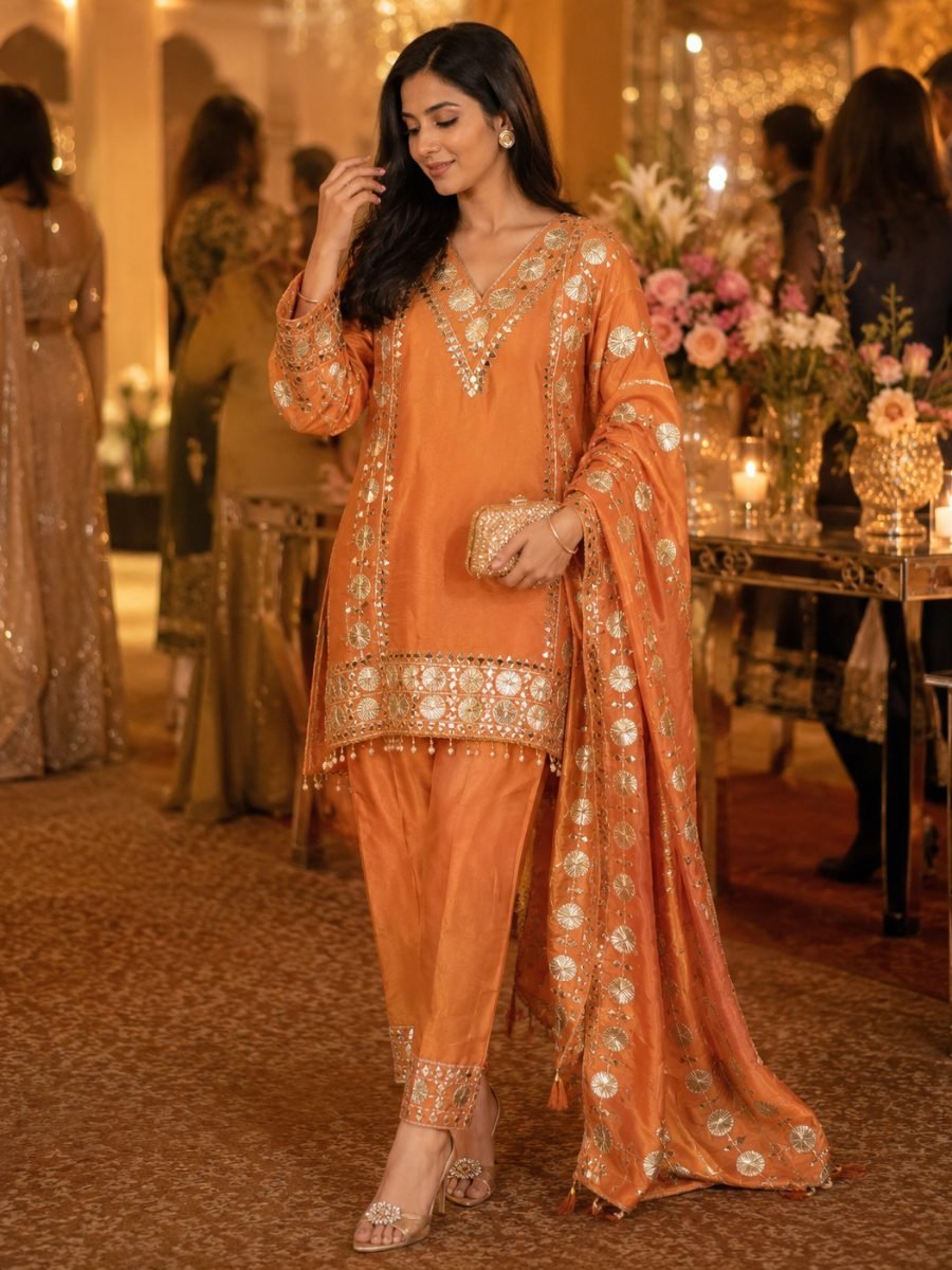 Premium Gota Mirror Crepe Tissue Suit - Rust