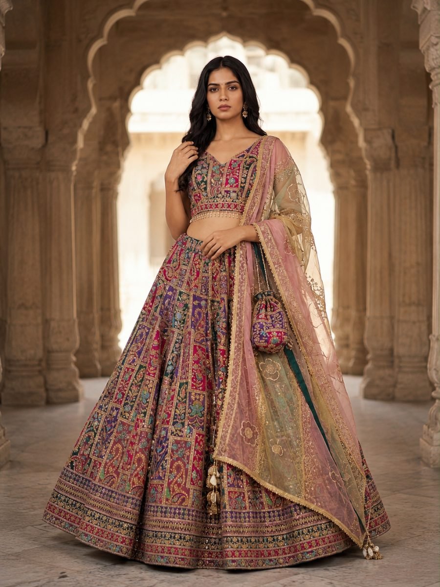 Premium Multicolor Embroidered Bridal Lehenga Choli with Organza Dupatta
