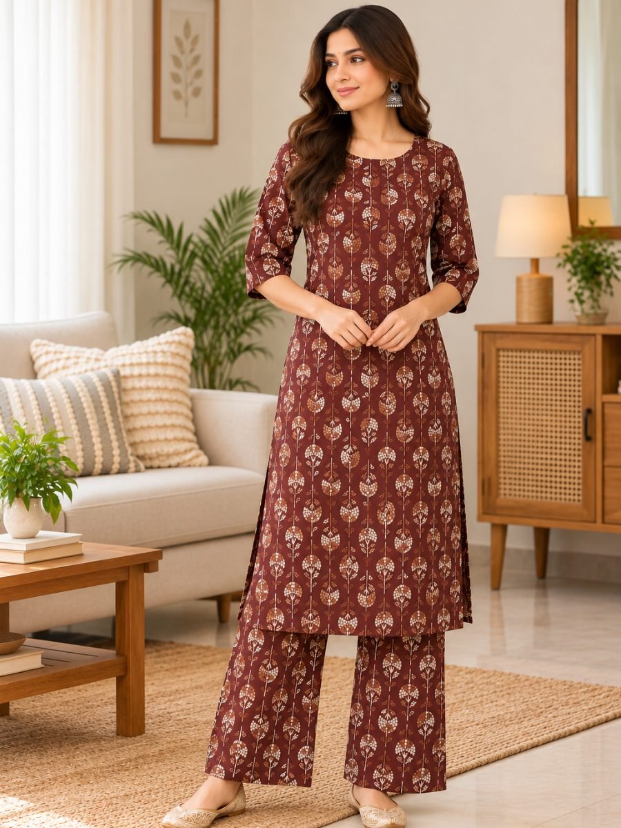 Mahira Maroon Floral Printed Kurta Pant Set