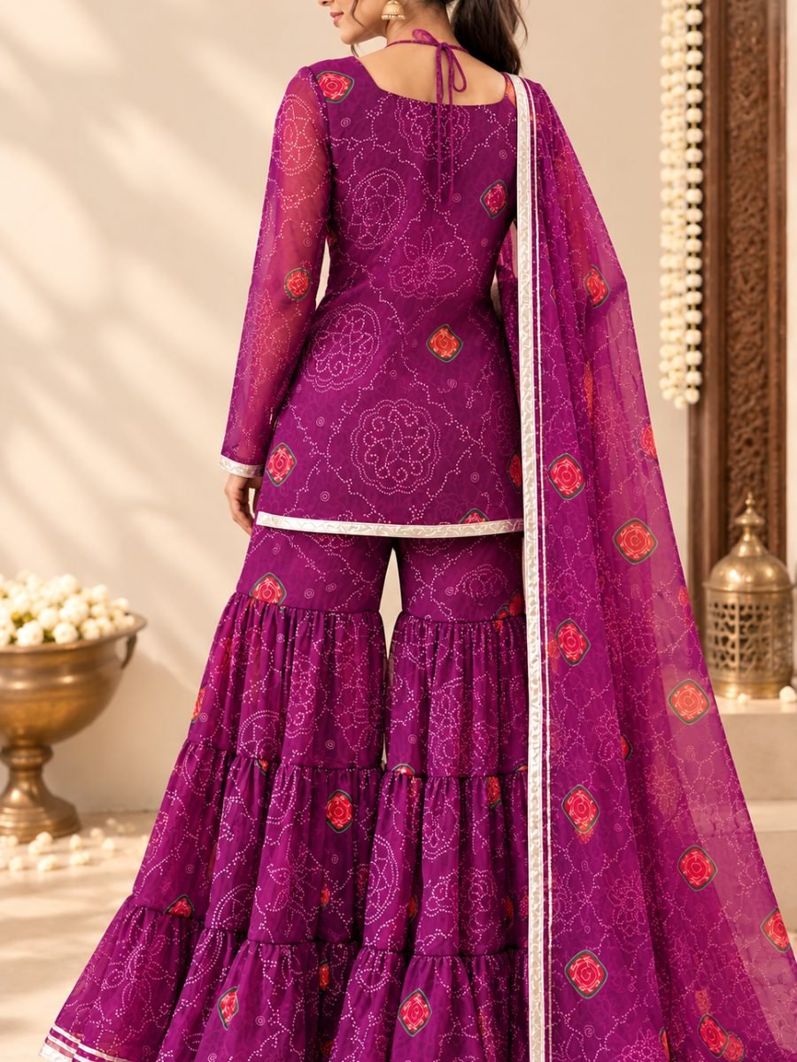 Noorvi Purple Bandhani Sharara Set with Dupatta