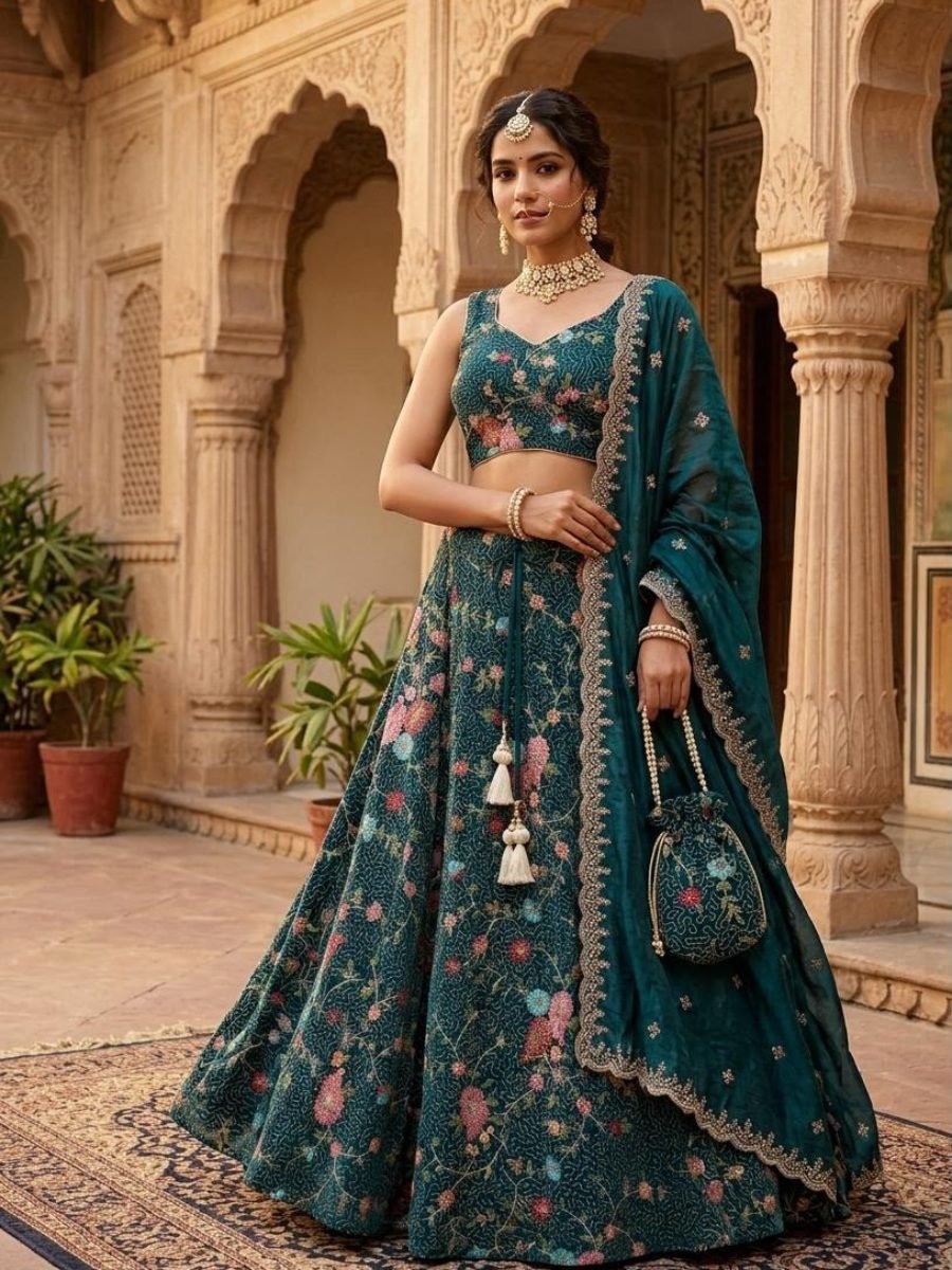 Teal Green Floral Embroidered Designer Lehenga Choli with Dupatta