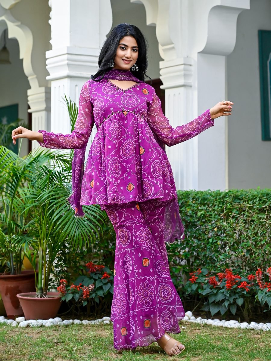 Purple Bandhani Sharara Suit Set