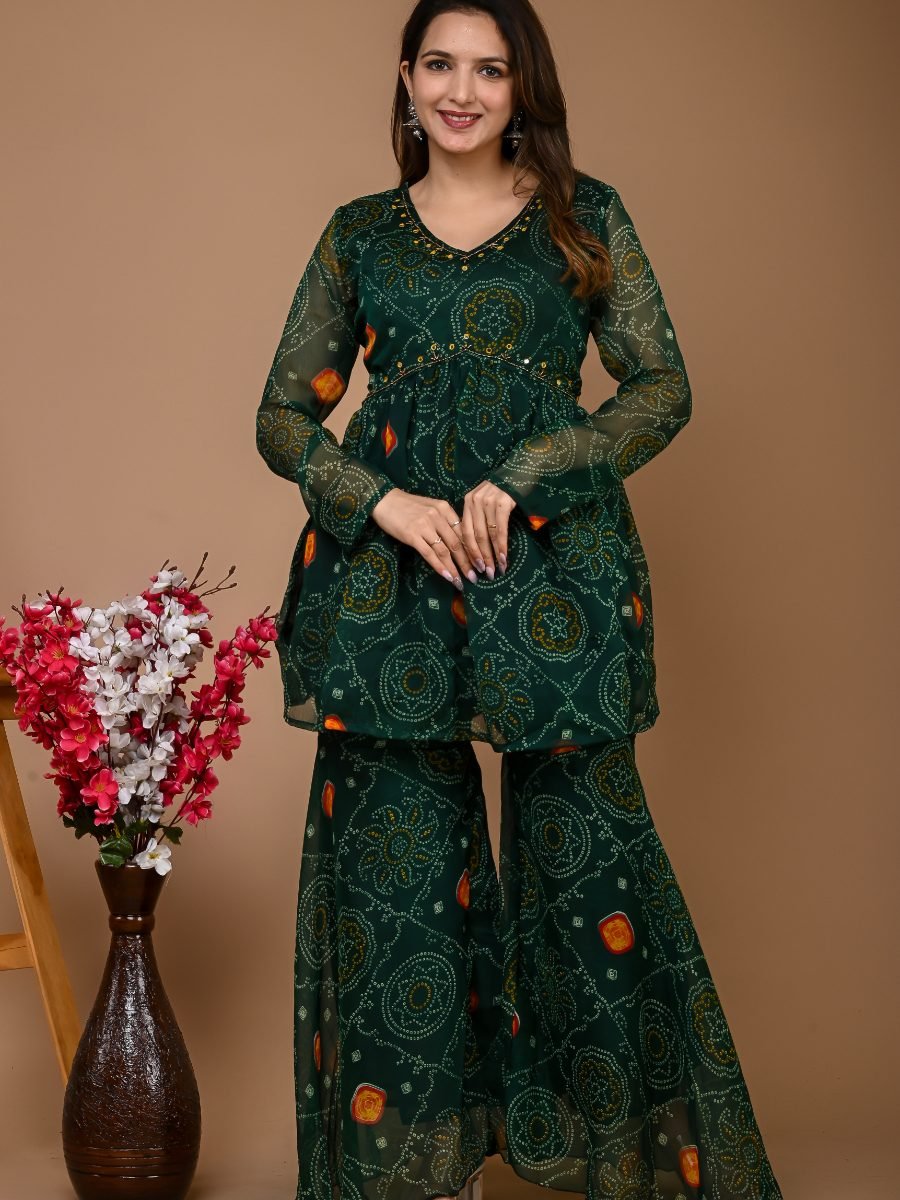 Green Bandhani Sharara Suit Set with Dupatta