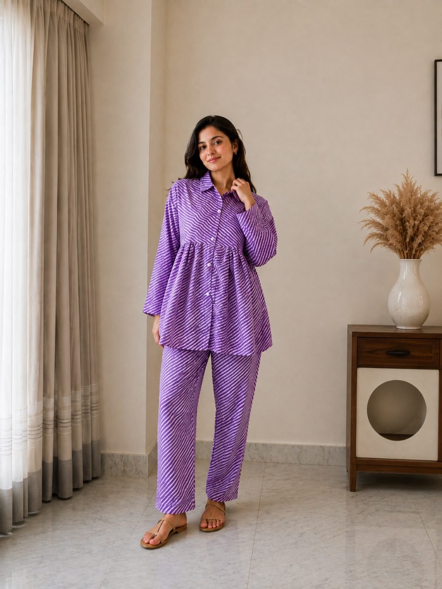 Pure Cotton Lehriya Co-Ord Set for Women - Purple