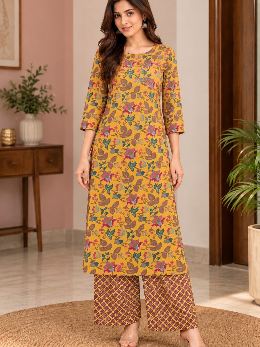 Mustard Bloom Floral Kurta Pant Set
