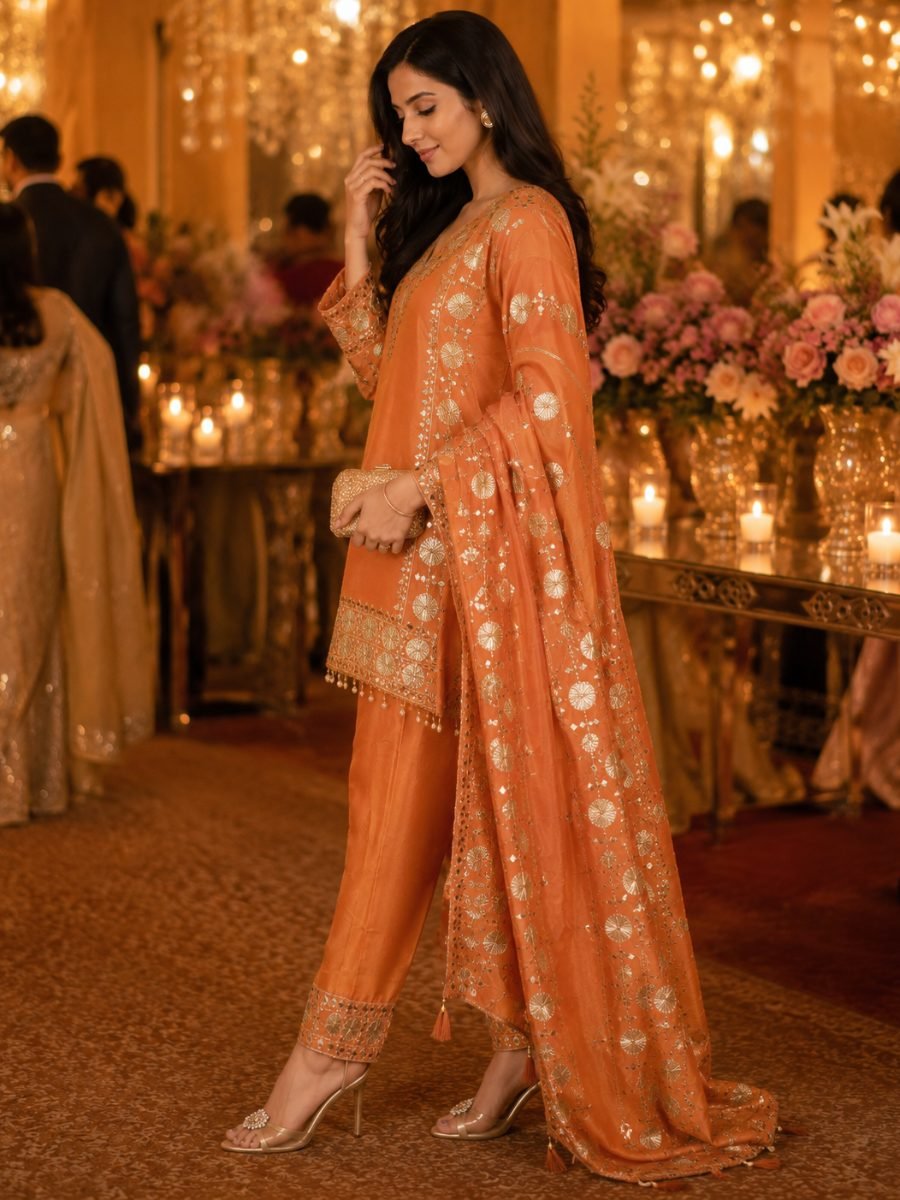 Premium Gota Mirror Crepe Tissue Suit - Rust