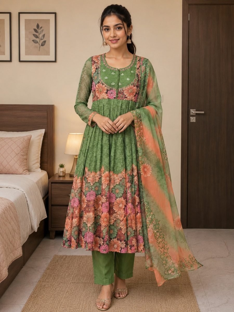 Sage Bloom Floral Georgette Anarkali Suit Set